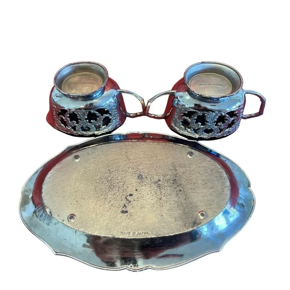 Vintage‎ Cobalt Blue Glass Creamer and Sugar Set Silver Filigree Japan 3 Piece